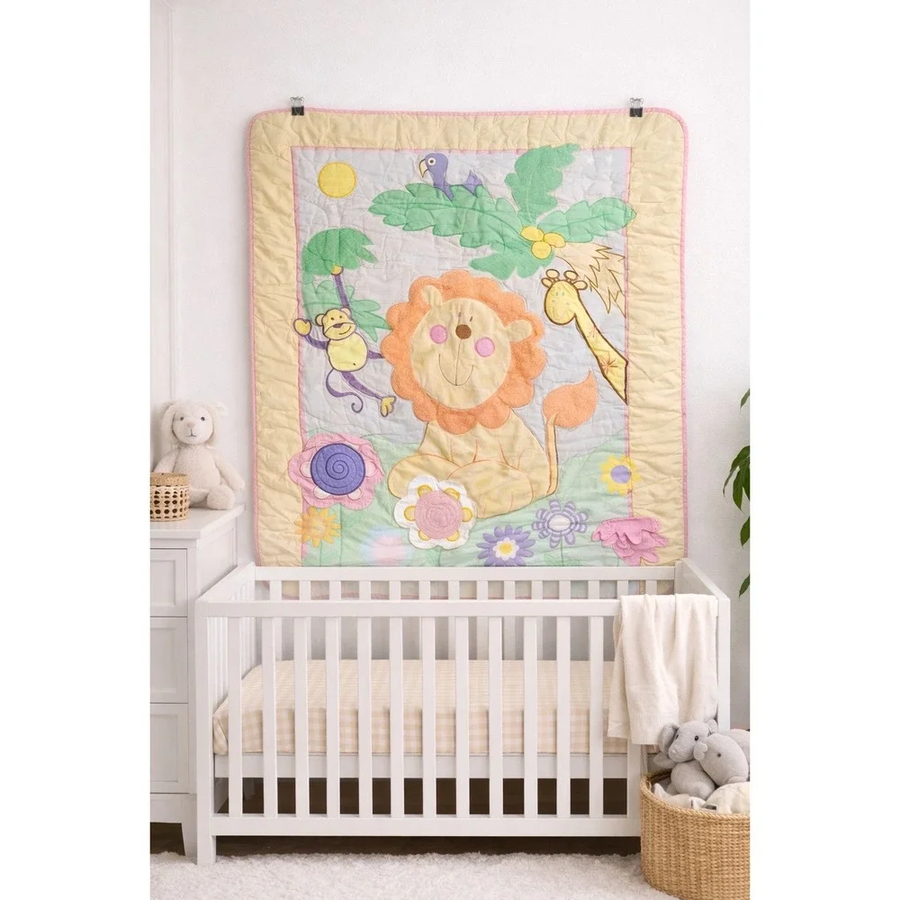 WB11 Vtg Child of Mine by Carter's Jungle Animal Baby Crib Quilt Lion Giraffe